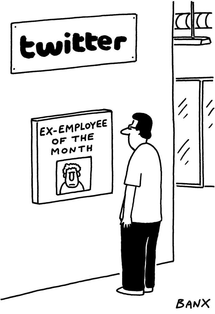 Cartoon of a man looking at a photo on the wall that says ‘ex-employee of the month’