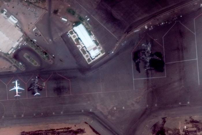 Satellite image of burnt-out passenger planes at Khartoum International Airport