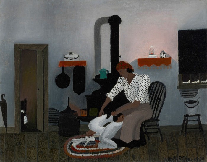 In this painting, a woman wearing a red headscarf sits in a kitchen next to a black stove. She leans over two children at her feet, her hands on their heads 