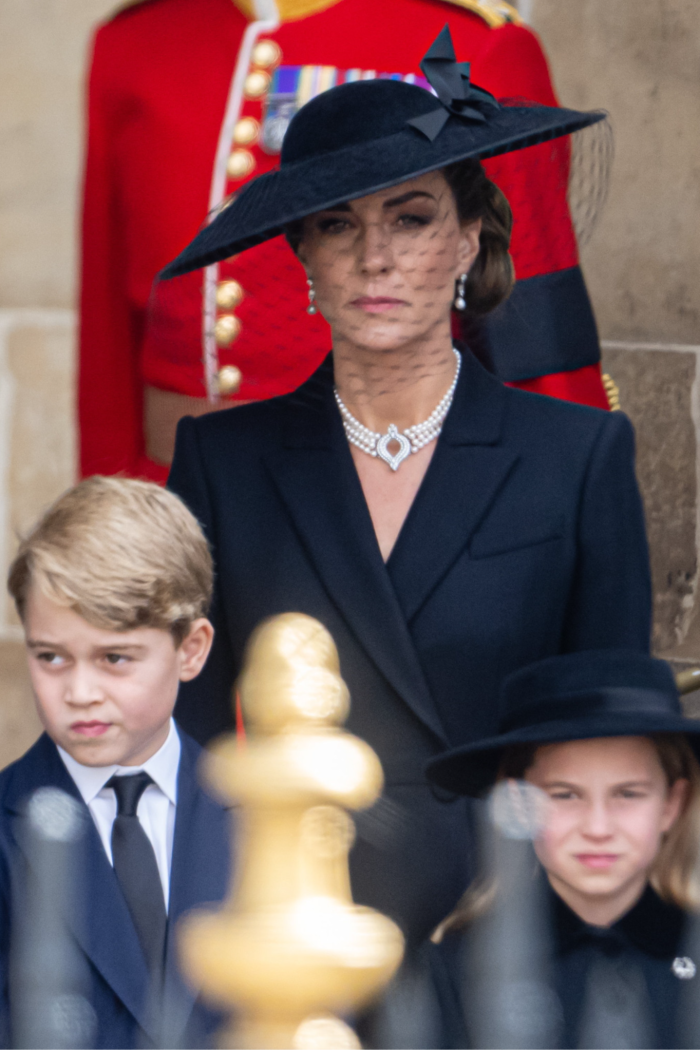 Catherine, Princess of Wales, in a wide-brimmed black hat at the Queen's state funeral