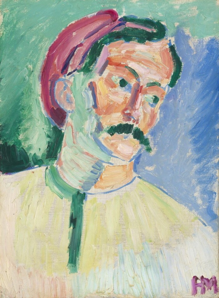 Portrait d'un homme à moustache et à la peau vert-orange pâle