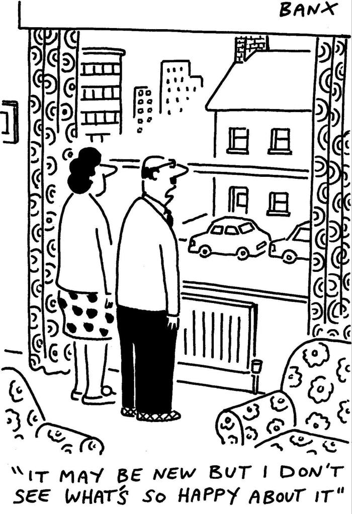 Cartoon of a man and woman looking at a busy street from a window