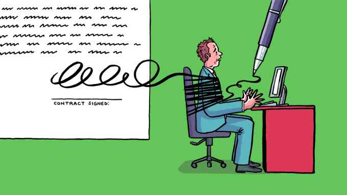 Illustration of a worker bound to his chair by a signature extending from the page of a nearby contract