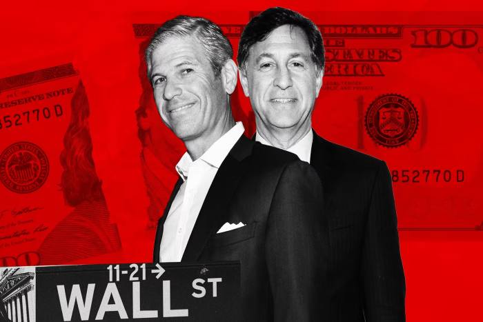 Montage image showing Robert Pruzan, left, and Blair Effron; a Wall Street sign; and a torn $100 bill 