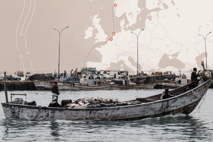 A montage showing a small African fishing boat and port, with a map of western Europe in the background