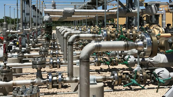 Equipment used to process carbon dioxide, crude oil and water pictured at an Occidental Petroleum Corp project in New Mexico, US