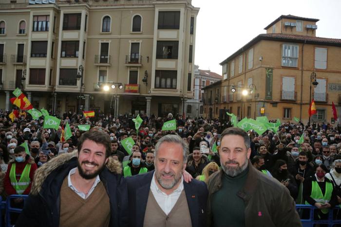 Vox leader Santiago Abascal, right, at a rally in León before the election