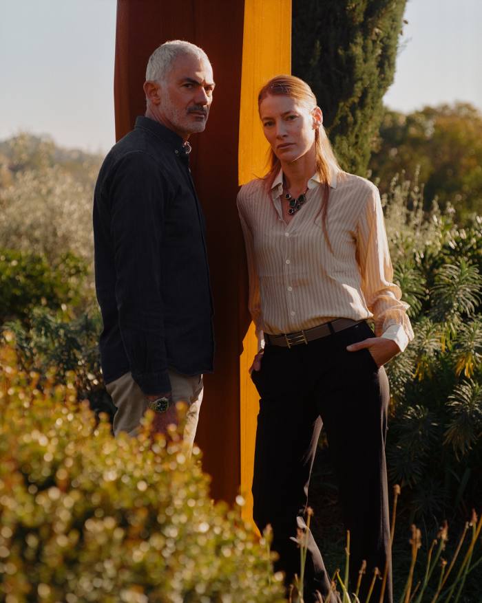 Levy and Ouvrier in front of Rock Totem 172 Corten, 2021, by Arik Levy