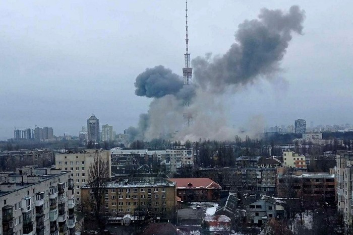 Smoke rising from the TV Tower in Kyiv