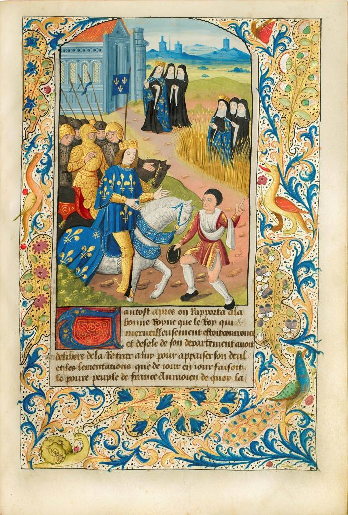 Un prince sur un cheval blanc est accueilli par un palefrenier devant quelques religieuses.  Cette image est au dessus de certains textes et entourée d'un cadre floral.