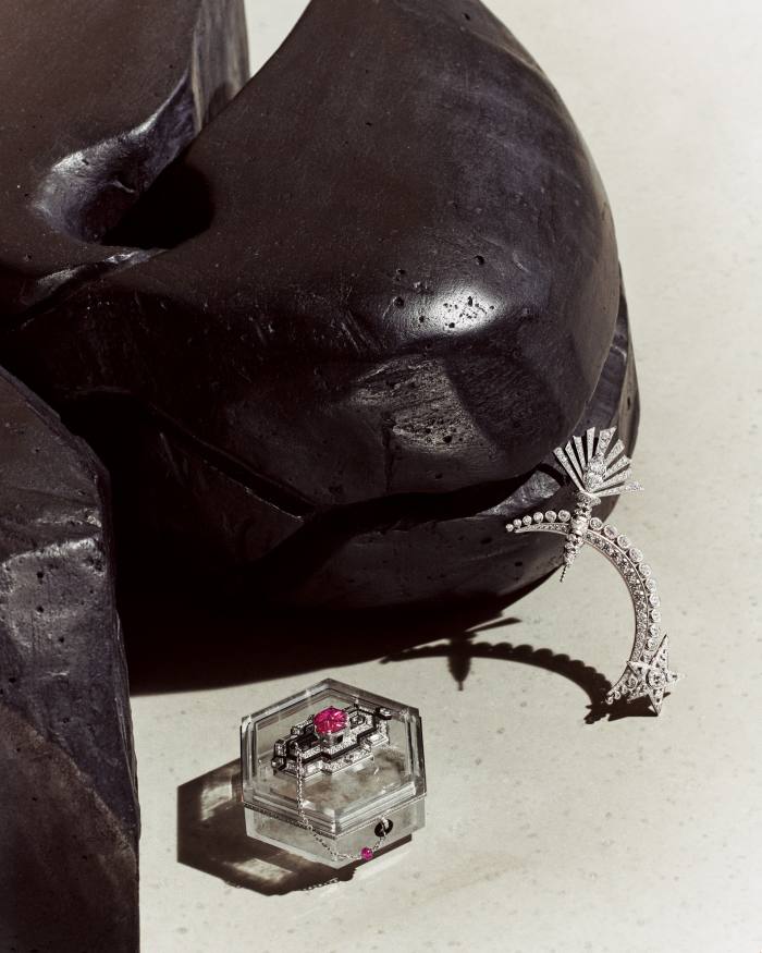 From left: Cartier white-gold, diamond, ruby, emerald, rock-crystal and onyx high-jewellery Brooch box (with detachable brooch). Chanel High Jewellery white-gold and diamond 1932 brooch