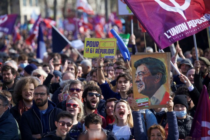 Supporters for the establishment of a Sixth Republic during a rally attended by French Presidential candidate Jean-Luc Melenchon in March