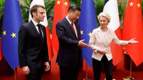 French president Emmanuel Macron, left, and Ursula von der Leyen meet Xi Jinping in Beijing