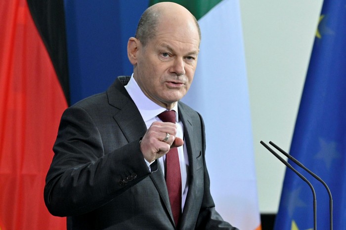Olaf Scholz, Germany's chancellor, speaks at a press conference in Berlin on Tuesday 