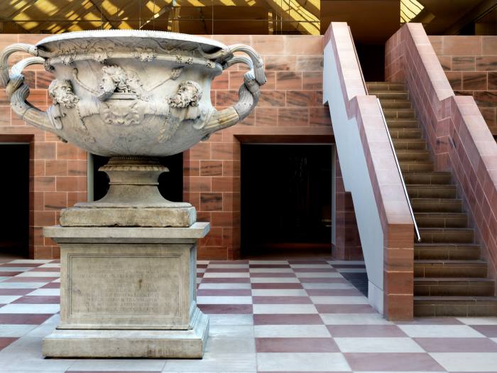 The Warwick Vase in the timber and sandstone courtyard of the museum