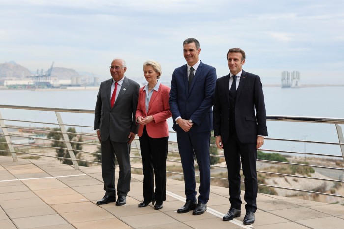 Portugal’s prime minister Antonio Costa, European Commission president Ursula von der Leyen, Spain’s prime minister Pedro Sanchez and French president Emmanuel  Macron