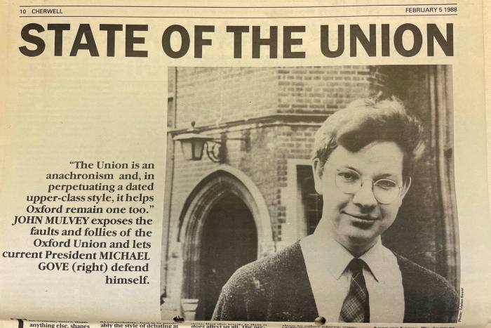 A faded, yellowing image of a young Michael Gove in a student newspaper article about an Oxford Union debate