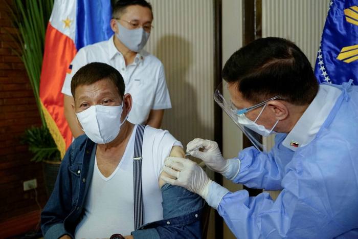 Philippine president Rodrigo Duterte receives the Sinopharm Covid vaccine earlier this month
