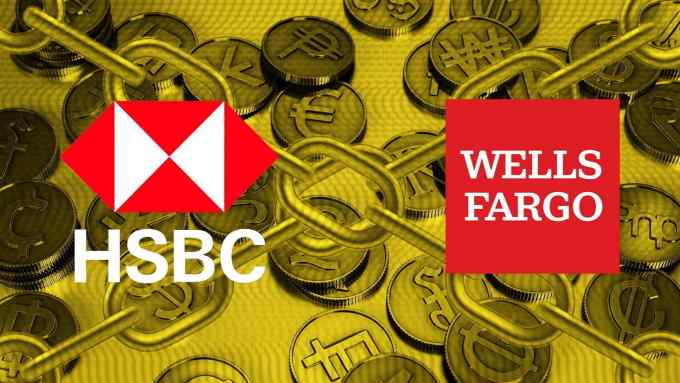 A montage showing a spread of coins in different currencies with two chains crossing diagonally over them and logos of HSBC and Wells Fargo superimposed on top