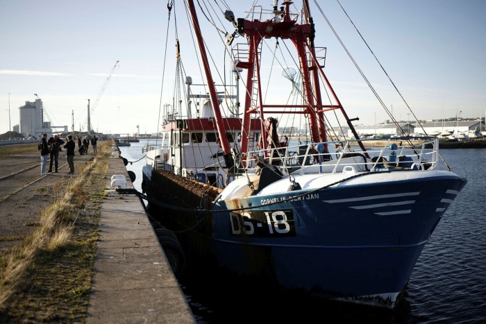 Cornelis Gert Jan, a British scallop trawler, is moored at the port in Le Havre