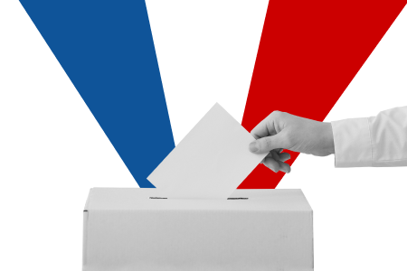 A vote goes into a ballot box with a French tricolor in the background