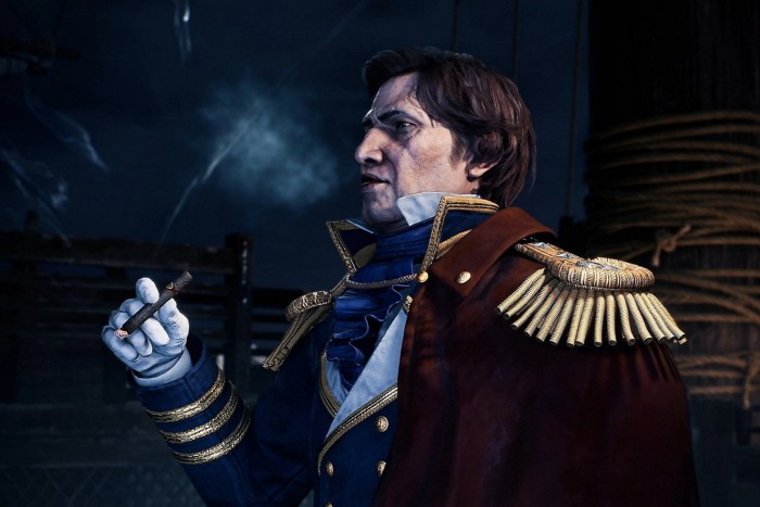 An image from a video game shows a man wearing a 19th-century naval uniform, smoking