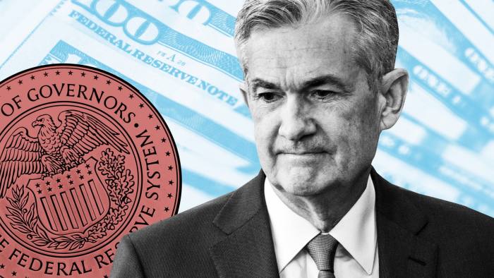 Montage of dollar notes, Jay Powell and the Fed Reserve symbol