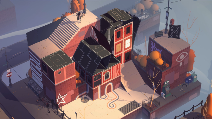 An image from a video game shows a cluster of houses constructed in part from playing cards