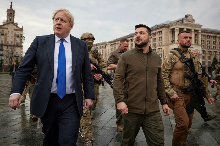 Boris Johnson and Volodymyr Zelensky walking in central Kyiv at the weekend