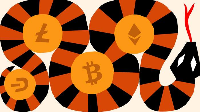 Ben Hickey illustration of a snake with black and deep orange stripes squeezing bitcoin and other so-called stablecoins 