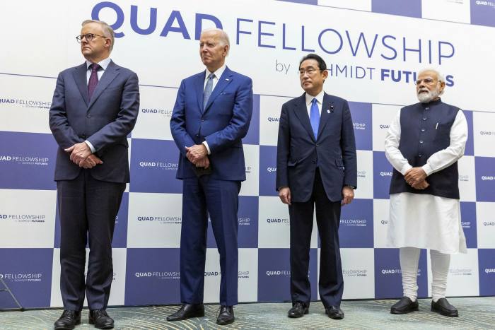 From left, Australian prime minister Anthony Albanese, US president Joe Biden, Japan’s PM Fumio Kishida and India’s prime minister Narendra Modi in Tokyo on Tuesday 