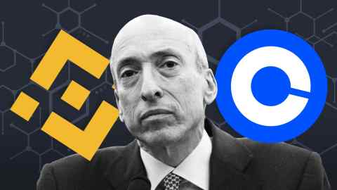 Montage of SEC chair Gary Gensler and logos for Binance and Coinbase