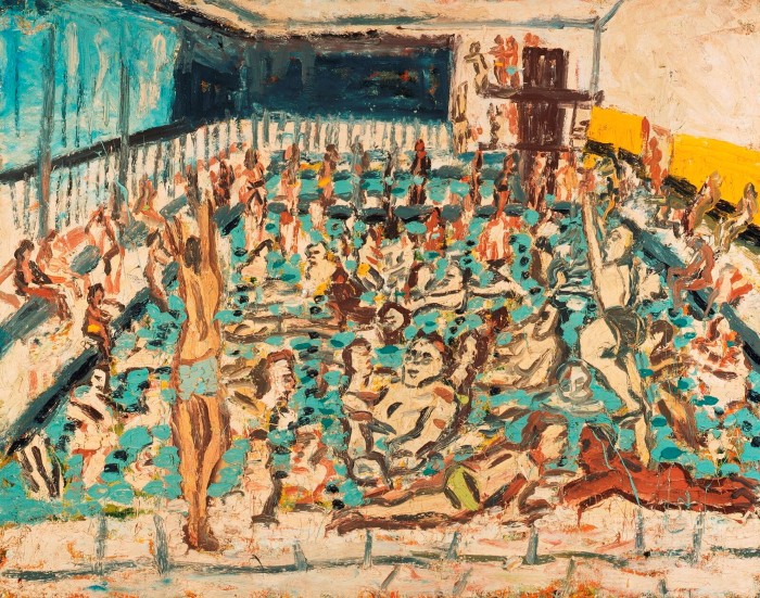 Lukisan menunjukkan kolam renang dalaman yang sesak