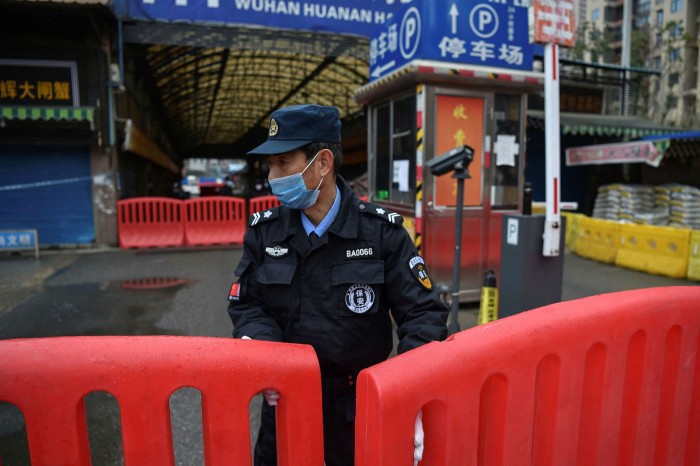 A barricaded Huanan wholesale market in Wuhan 