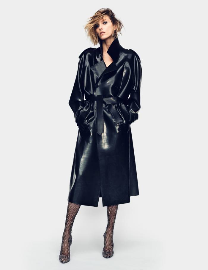Saint Laurent by Anthony Vaccarello latex trench coat, £7,770. Tabayer gold and diamond Oera earring, £12,450 for pair