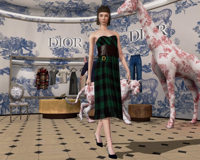 An avatar in a Dior jumpsuit, £2,400, skirt, £1,850, saddle belt, £930, and shoes, £690
