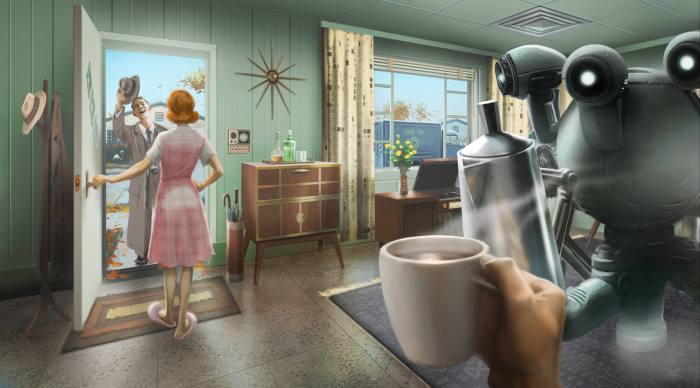 An image from a video game shows a happy suburban domestic scene. In the foreground, a robot is pouring a cup of coffee