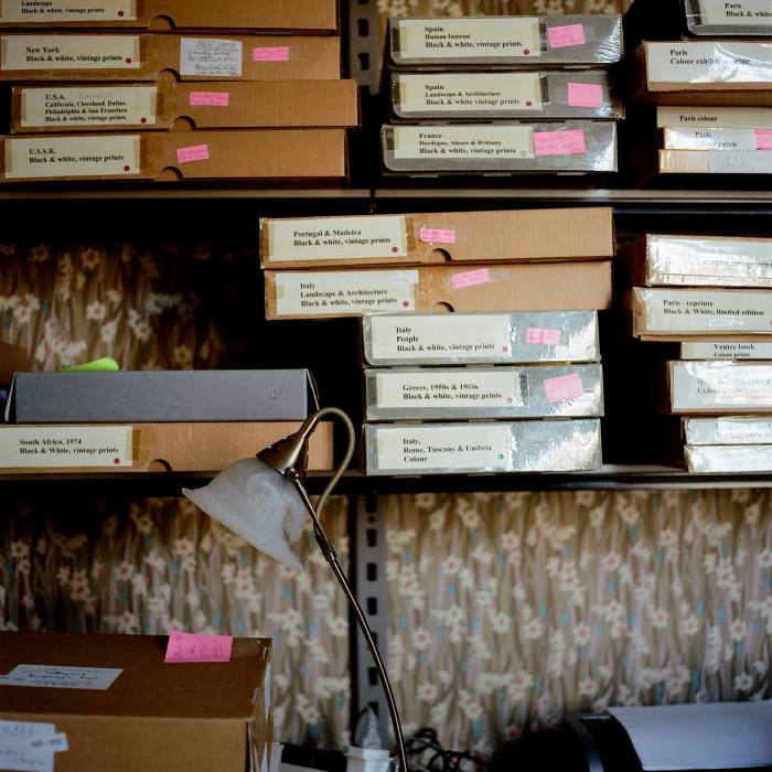 Archived boxes of prints and negatives in Bohm’s workroom
