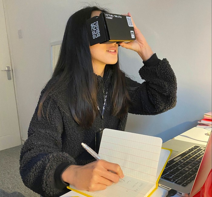 A University College London earth sciences student using a virtual reality headsets as they were unable to take part in their normal field-based classes during the pandemic