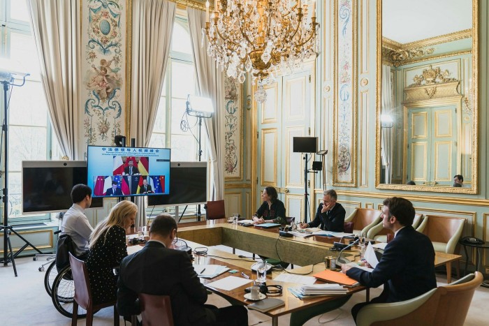 French president Emmanuel Macron holds a video conference with Germany’s Olaf Scholz and China’s Xi Jinping. Some western leaders describe Beijing as the eastern anchor of an authoritarian axis stretching across the Eurasian continent 