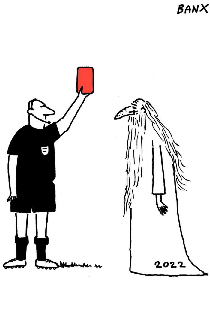 Cartoon of a football referee showing a red card to an elderly bearded man