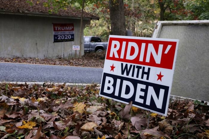 A sign supporting Joe Biden sits on a street in Pennsylvania, the state where the Democrat was born and currently leads Donald Trump in polls