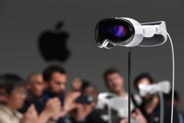 The new Apple Vision Pro headset is on display during Apple's Worldwide Developers Conference