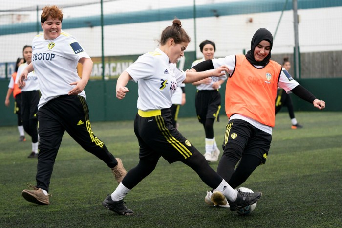 Afghan footballers take part in a training session in Doncaster, northern England