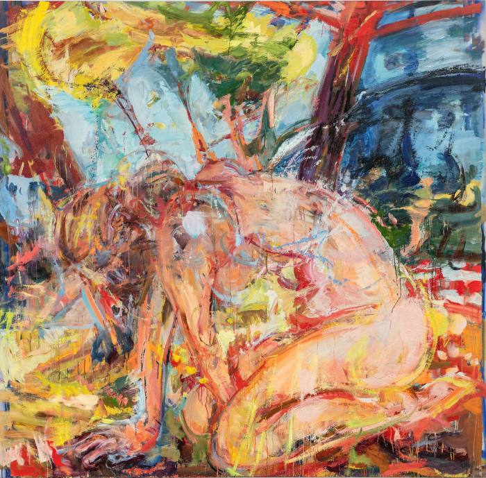 Oil splatter painting of a kneeling nude woman
