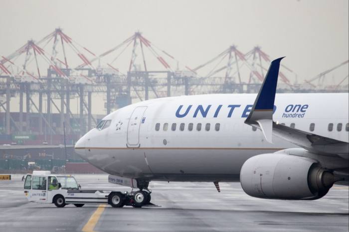 A United Airlines airplane at the Newark airport in New Jersey 