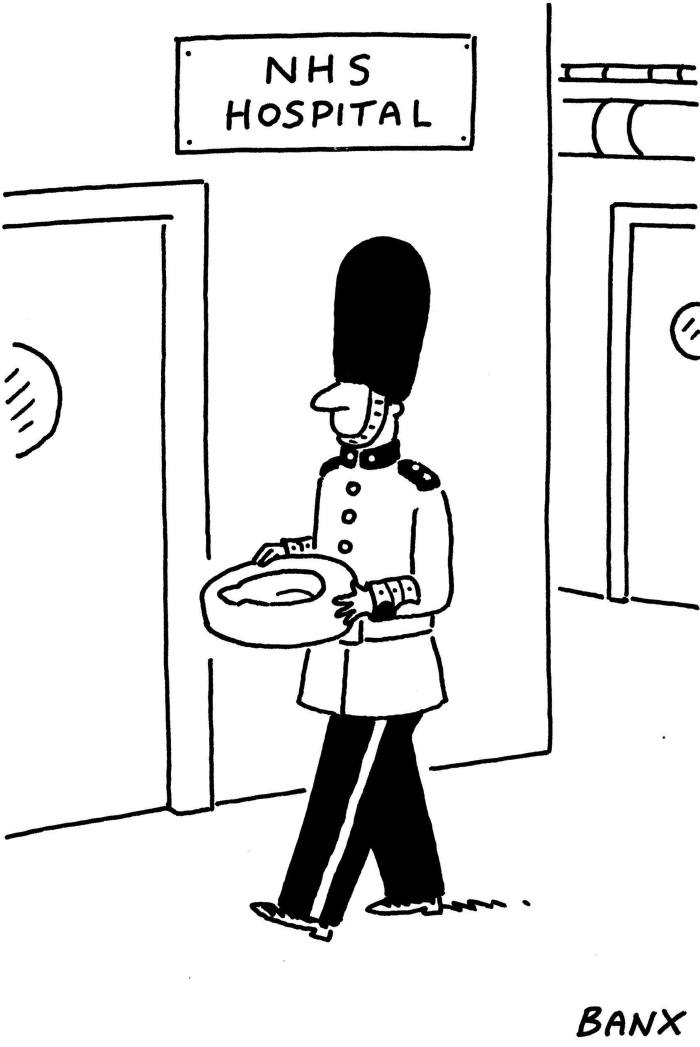 A Banx illustration of a member of the King’s Guard carrying a bed pan