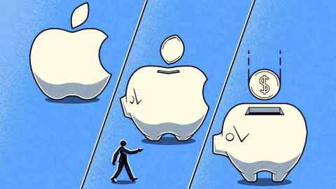 Ilustração de Matt Kenyon do logotipo da Apple se transformando na forma de um cofrinho