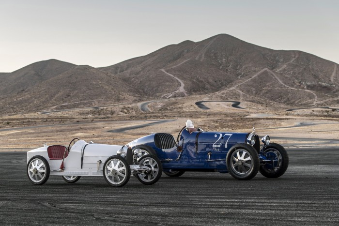 The Little Car Company’s Bulgatti Baby II, from €30,000, alongside an original Bugatti Type 35