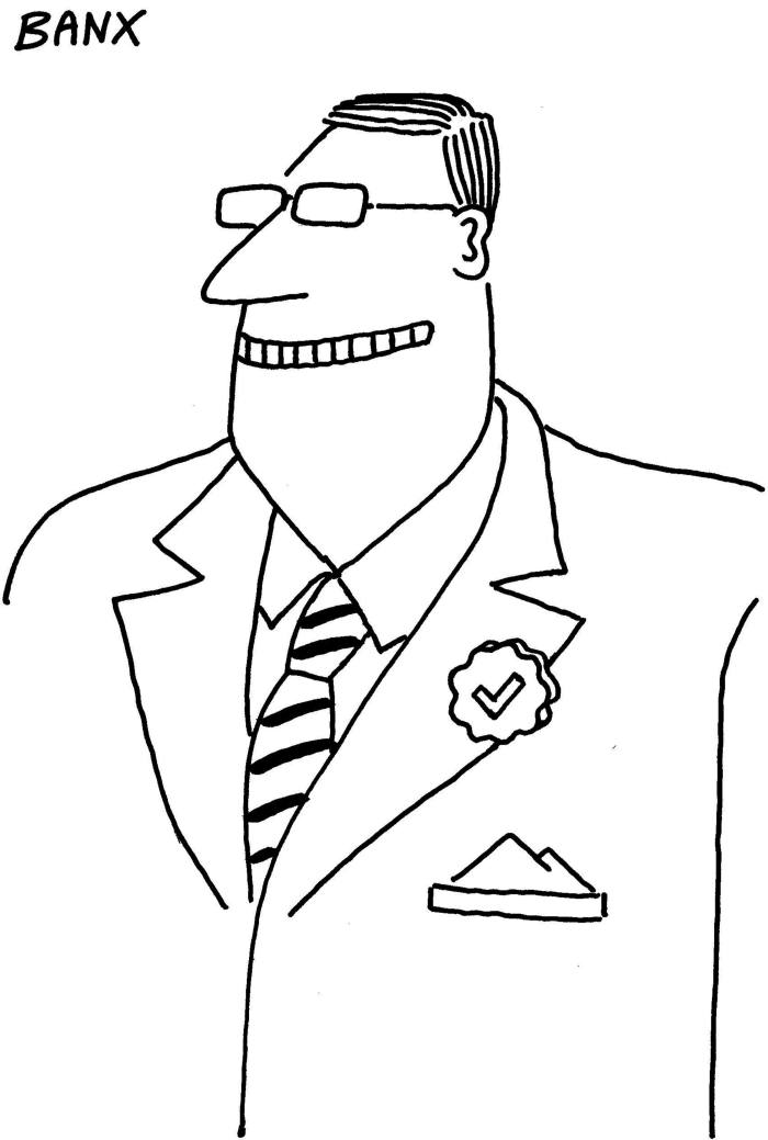 Cartoon showing a ‘check’ badge worn on the chest of a man in a suit